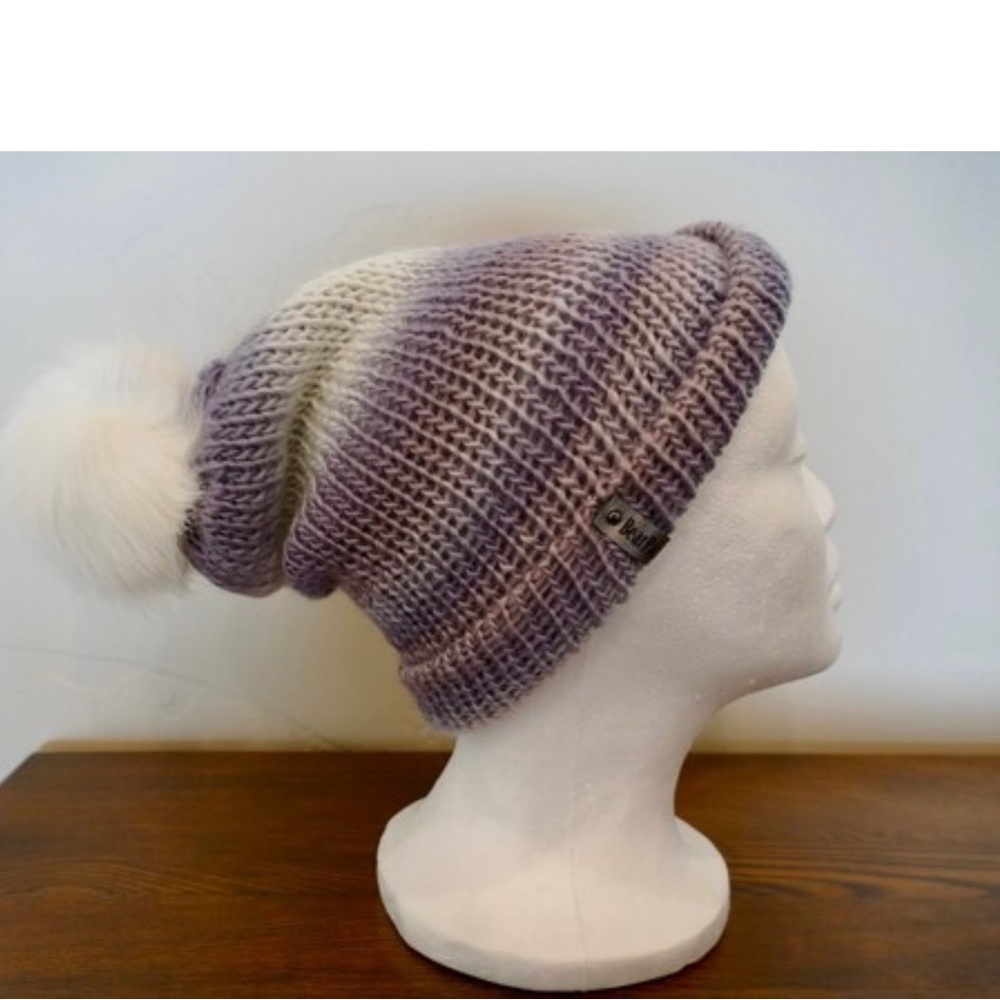 Slouchy Knitted Winter Reversible Hat with Faux Fur Snap Pom